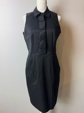 Ann Taylor Black Sleeveless Pleated Collar Dress Pockets Modest Neutral Office